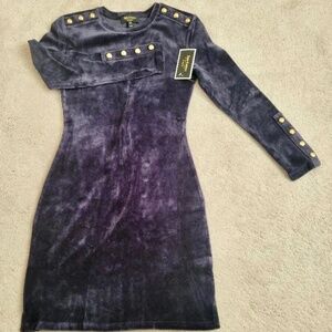 JUICY COUTURE Black Label Velour Regal Blue Stretch Solid Fitted Dress Size XS